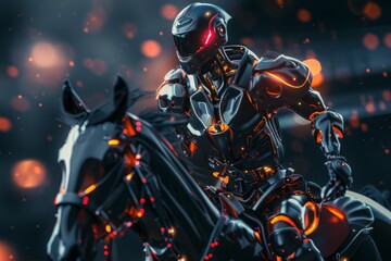3D robotic knight riding a horse against a dark setting, with transformative elements, close-up - obrazy, fototapety, plakaty