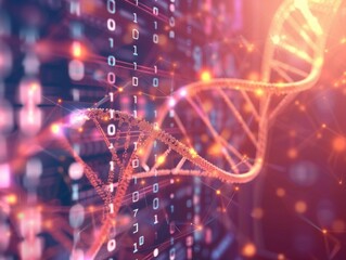A bright, close-up depiction of 3D DNA and binary code, highlighting cybersecurity in a random, dynamic setting