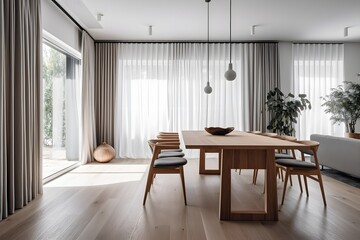 Naklejka na ściany i meble An open, minimalist dining room with white walls, a wooden floor, huge windows covered with drapes, and a wooden table and chairs on a gray carpet can be found here