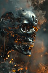 A dark, close-up view of a 3D robotic figure, with a skull, smoke, and flames enveloping it