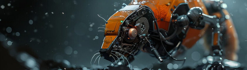 Fototapeta premium A dark, close-up view of a 3D robotic fox in war, with a hint of mystery