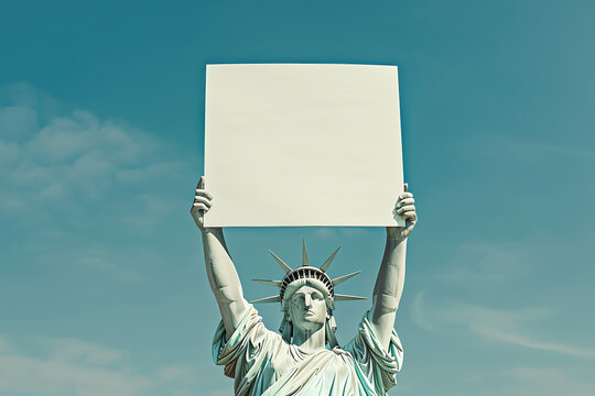 close up of the statue of liberty holding a blank sign, AI generated