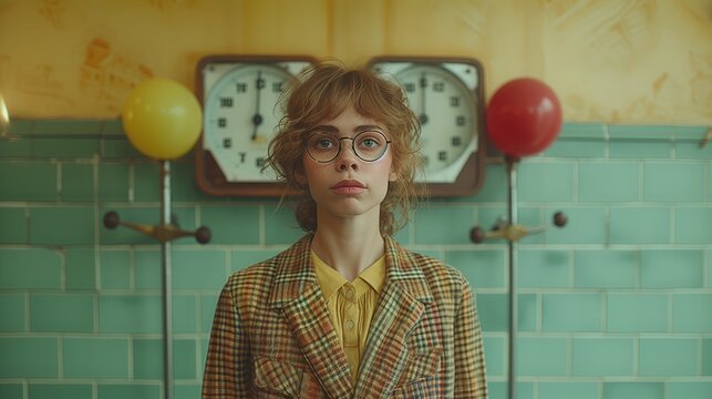 businesswoman gingerly steps onto the scales wearing her expensive designer suit, she holds a giant burger in one hand and a comically oversized soda in the other. food addiction concept.

