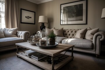 Fototapeta na wymiar Elegant living room has elegant furniture and a wooden coffee table, Lovely beige sofa