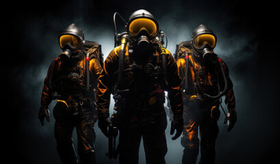 Team of Divers in Protective Suits against Dark Backdrop