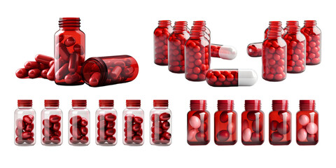 Collection of capsule bottle with red capsules pill inside isolated on a white background as transparent PNG