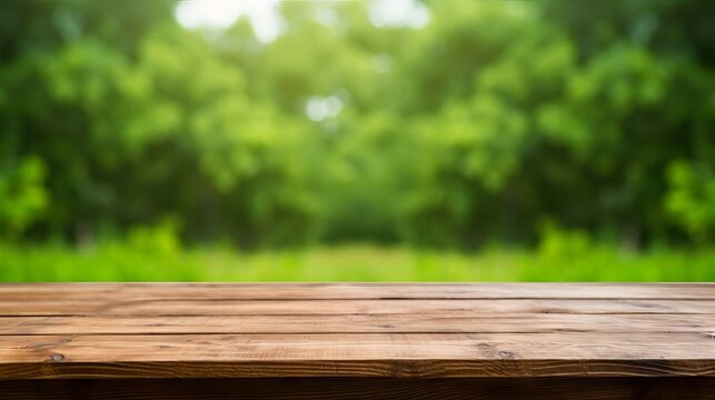 Wooden table with green bokeh background for product display or food photography