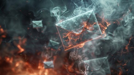 Close-up of a 3D email descending into hell, with ghostly figures and smoke in a dark setting