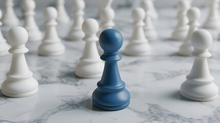 An illustration of the uniqueness of blue colored pawn that stands out distinctively among other white colored ones