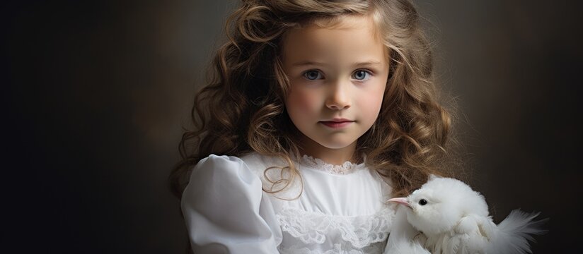 A charming little girl dressed in a fluffy white dress, holding a white bird delicately in her hands, showcasing innocence and purity.
