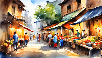 Bustling Street Market Watercolor - obrazy, fototapety, plakaty