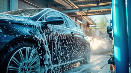 Luxury Car Going Through Automatic Car Wash - obrazy, fototapety, plakaty