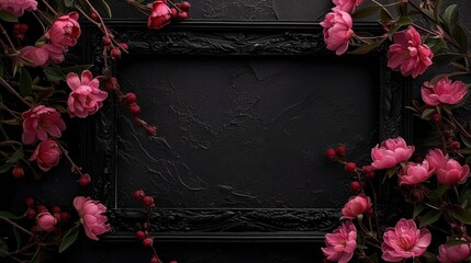 Pink roses flowers floral arrangement nature wedding or Valentines day backdrop with white frame on black background