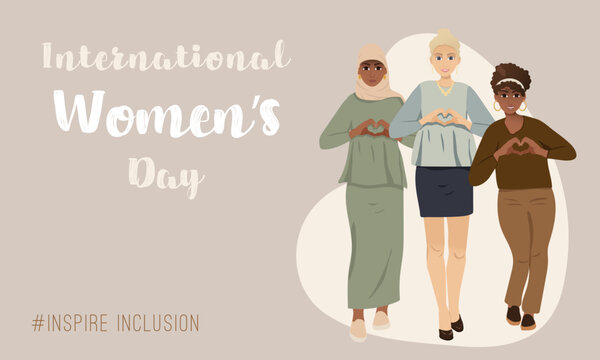 International Women's Day poster. Inspire inclusion 2024. A banner with a man and a woman. Vector illustration with different people. People of different nationalities.