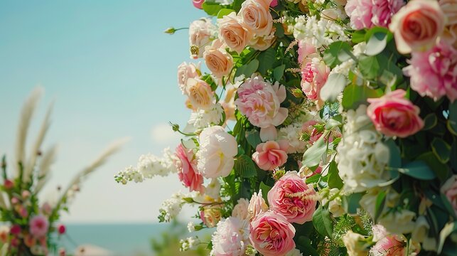 The flower arrangement is made by a florist. Roses, peonies, hydrangeas, flowering cherry branches sway from the wind in the open air. The wedding arch is decorated with fresh, generative ai
