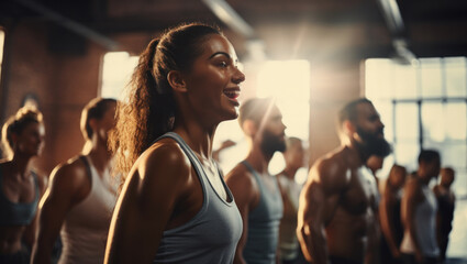 Focused Woman Leading Group Fitness Class in Gym