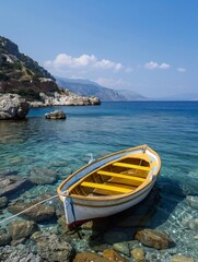 A single yellow and white boat floating on transparent water along a rocky coastline under a clear blue sky
