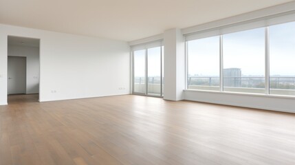 Fototapeta na wymiar Empty Modern Apartment with Large Windows and Hardwood Floors