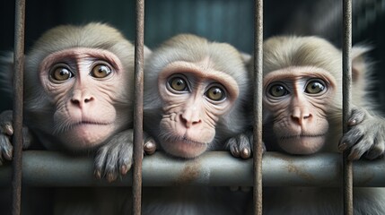 monkey in zoo or laboratory in cage. abe behind bars