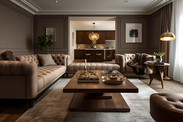 Obraz na płótnie Canvas Elegant living room has elegant furniture and a wooden coffee table, Lovely beige sofa