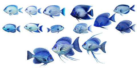 Collection of blue fish isolated on a white background as transparent PNG