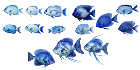 Collection of blue fish isolated on a white background as transparent PNG