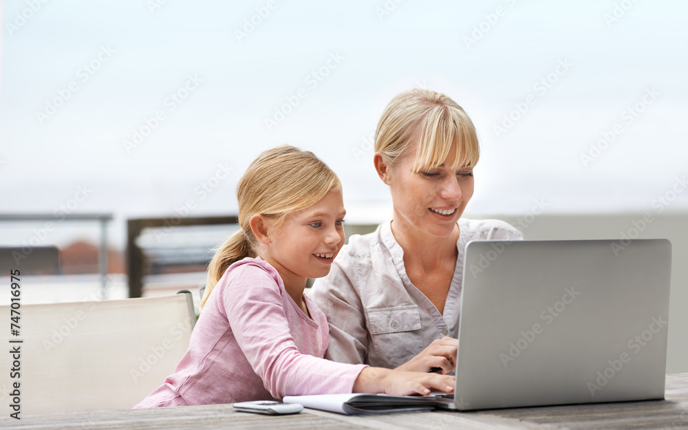 Sticker Mother, child and laptop on a patio with elearning, game and internet with love, support and bonding. Tech, smile and mom with teaching and education app with young girl on a website for home school