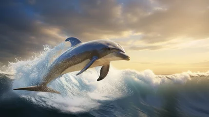 Zelfklevend Fotobehang Dolphin Energetically Leaping from Ocean Waves © Polypicsell