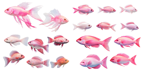 Collection of pink fish isolated on a white background as transparent PNG