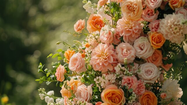 The flower arrangement is made by a florist. Roses, peonies, hydrangeas, flowering cherry branches sway from the wind in the open air. The wedding arch is decorated with fresh, generative ai
