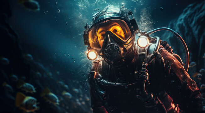 Diver in Advanced Suit Exploring Underwater Cavern
