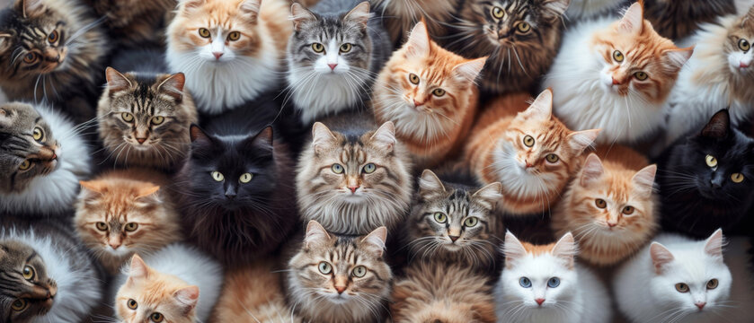 Numerous cats sitting together in a group formation