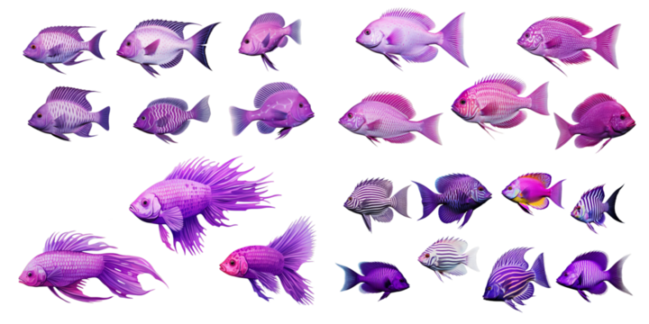 Collection of purple fish isolated on a white background as transparent PNG