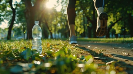 a bottle of drinking water to keep the body from becoming dehydrated. running sport - obrazy, fototapety, plakaty