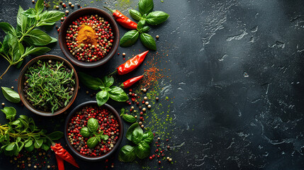 Herbs and spices in bowl on black background. Created with Ai - obrazy, fototapety, plakaty