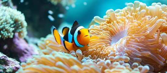 A vertebrate clown fish is swimming underwater in a coral reef, surrounded by marine wildlife such as anemone fish and vibrant coral.