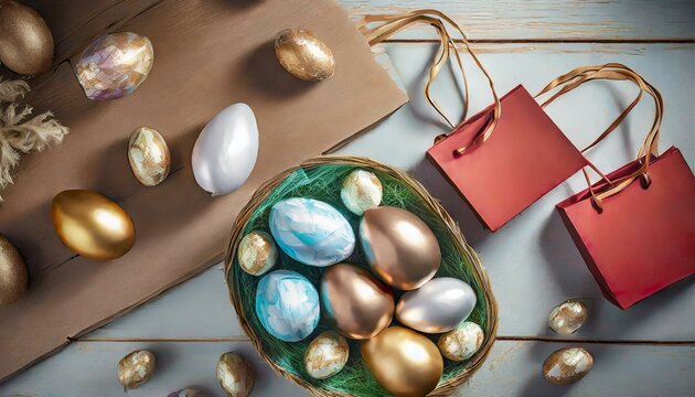 Ovos de páscoa de chocolate dentro de um cesto. Sacolas de compras na composição. Ilustração.