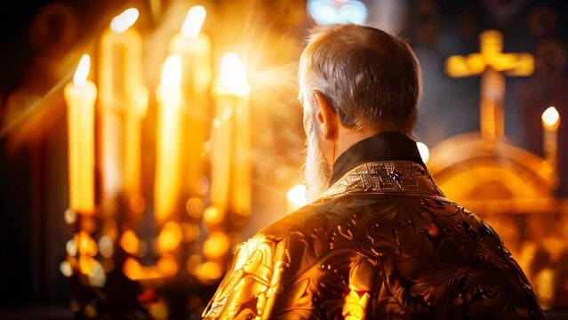 An orthodox priest or monk before the altar in an orthodox church