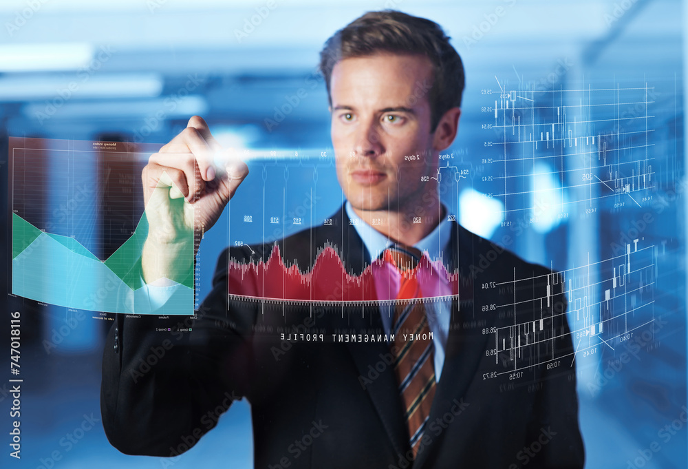 Poster Businessman, finance and hologram of digital interface of analytics for corporate company, profit growth and data statistics. Person, high tech and graph with trading technology for asset management.