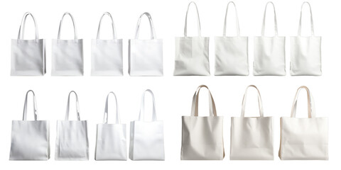 Collection of white cotton eco bags isolated on a white background as transparent PNG