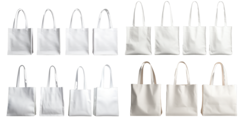 Collection of white cotton eco bags isolated on a white background as transparent PNG