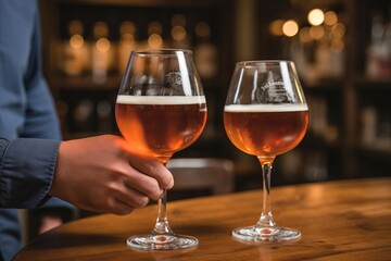 Close up of hands reaching out full beer glasses towards each other.