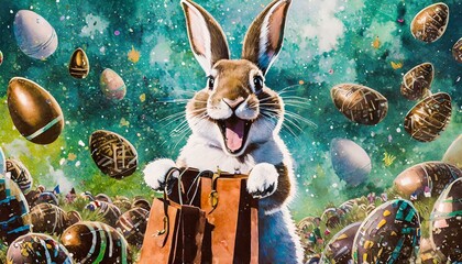 A ilustração de um coelho da páscoa alegre que está segurando um cesto com ovos de páscoa de chocolate. Muitos ovos de páscoa de chocolate na composição.