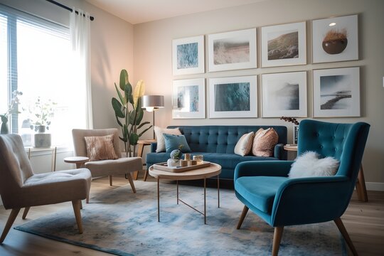 Blue Chair and Wall Art in a Cozy Living Room