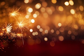 New year celebration with gold and red fireworks and bokeh effect on dark background