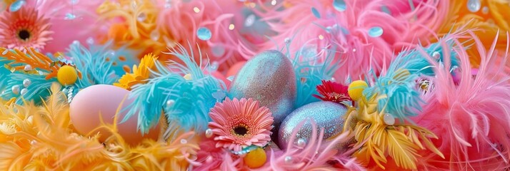 An explosion of color captures Easter eggs alongside lively feathers and flowers — a celebration of spring and rebirth - obrazy, fototapety, plakaty