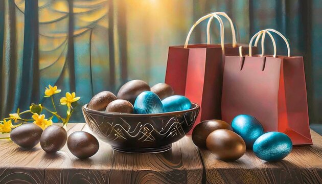 Ovos de páscoa de chocolate dentro de um cesto. Sacolas de compras na composição. Ilustração.	