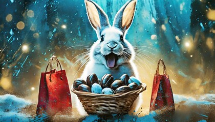 A ilustração de um coelho da páscoa alegre que está segurando um cesto com ovos de páscoa de chocolate. Muitos ovos de páscoa de chocolate na composição.
