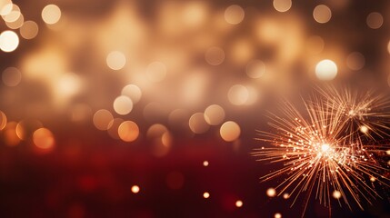 New year’s eve fireworks and bokeh in gold and dark red colors with copy space. Abstract holiday background.