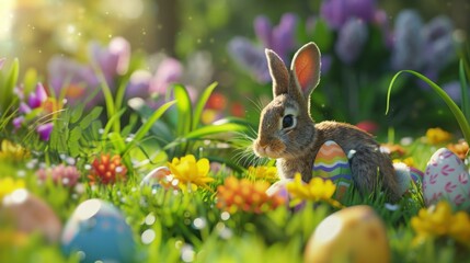 an easter bunny is hiding colorful easter eggs - obrazy, fototapety, plakaty
